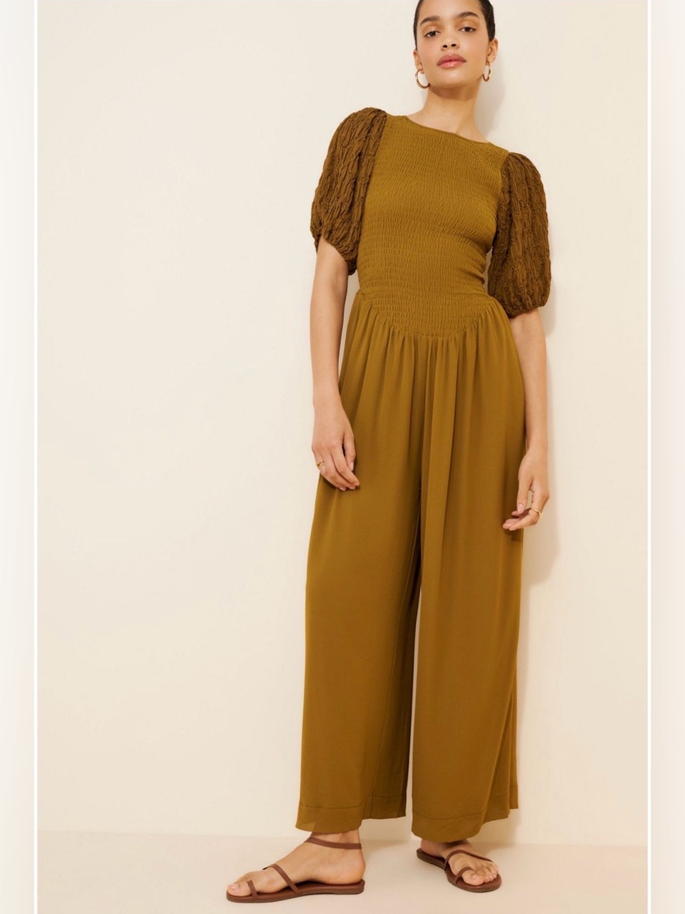 Free People Temperley Puff Sleeve Smocked Jumpsuit Greyed Olive NWT Size M